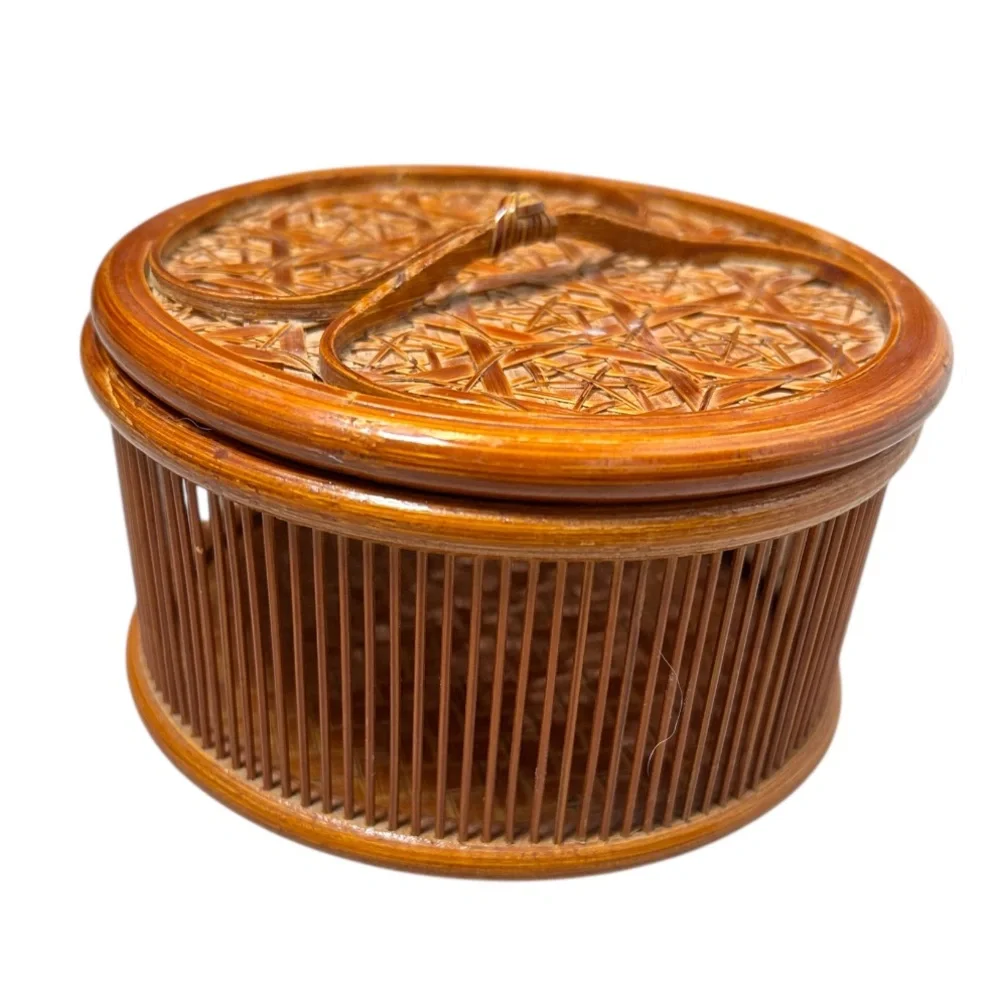 Vintage Asian Lacquered Handmade Open Weave Bamboo Box With Lid